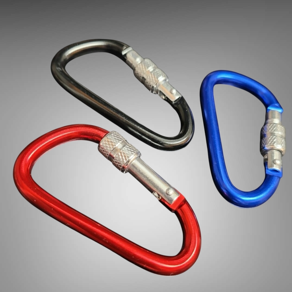 Set of 3 Locking Carabiner Clip NEW D-Shape Spring Hook Keychain Red Silver